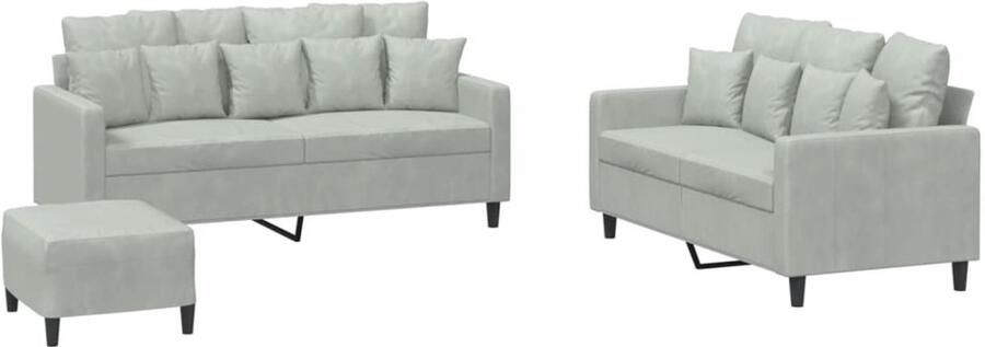 The Living Store 3-delige Loungeset met kussens fluweel lichtgrijs Loungebank Fluweelb BANK Zweezitter Comfortabele Bank Woonkamer Meubilair