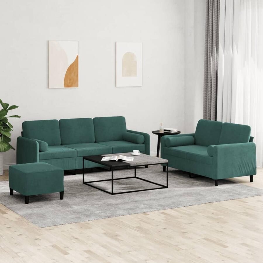 The Living Store 3-delige Loungeset met kussens fluweel donkergroen Lounge Set Fluweelbank Donkere Groene Bank 2 Persoons Bank 3 Persoons Bank
