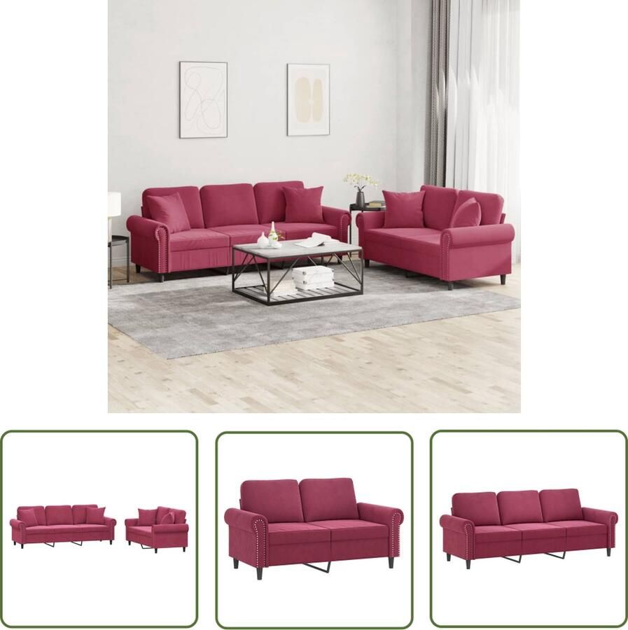 The Living Store Fluweel Bank 2-zits en 3-zits Wijnrood Comfortabele Zit Metaal en Multiplex Frame Loungebank Fluweelbanks Bankstel 2 Persoons Bank 3 Persoons Bank