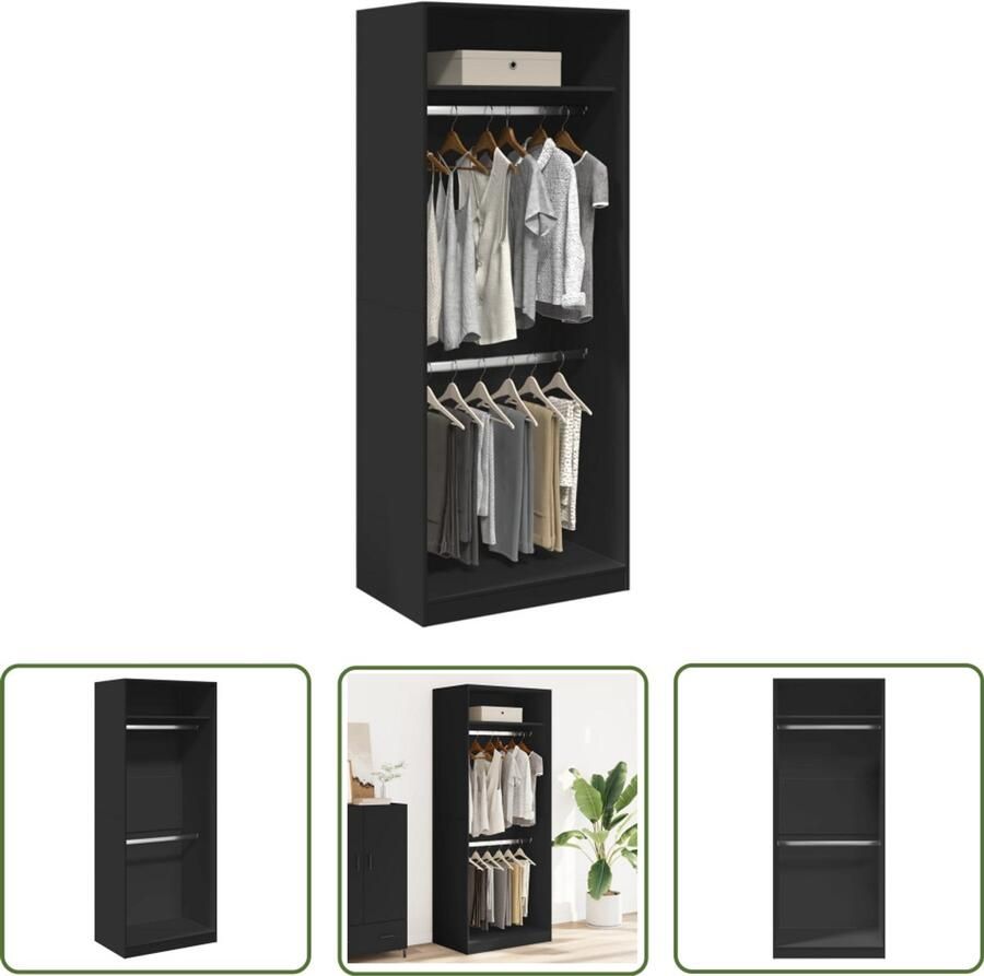 The Living Store Kledingkast 80x50x200 cm bewerkt hout zwart Kledingkast Gangkast Houten Kast Zwarte Kast Opslagkast