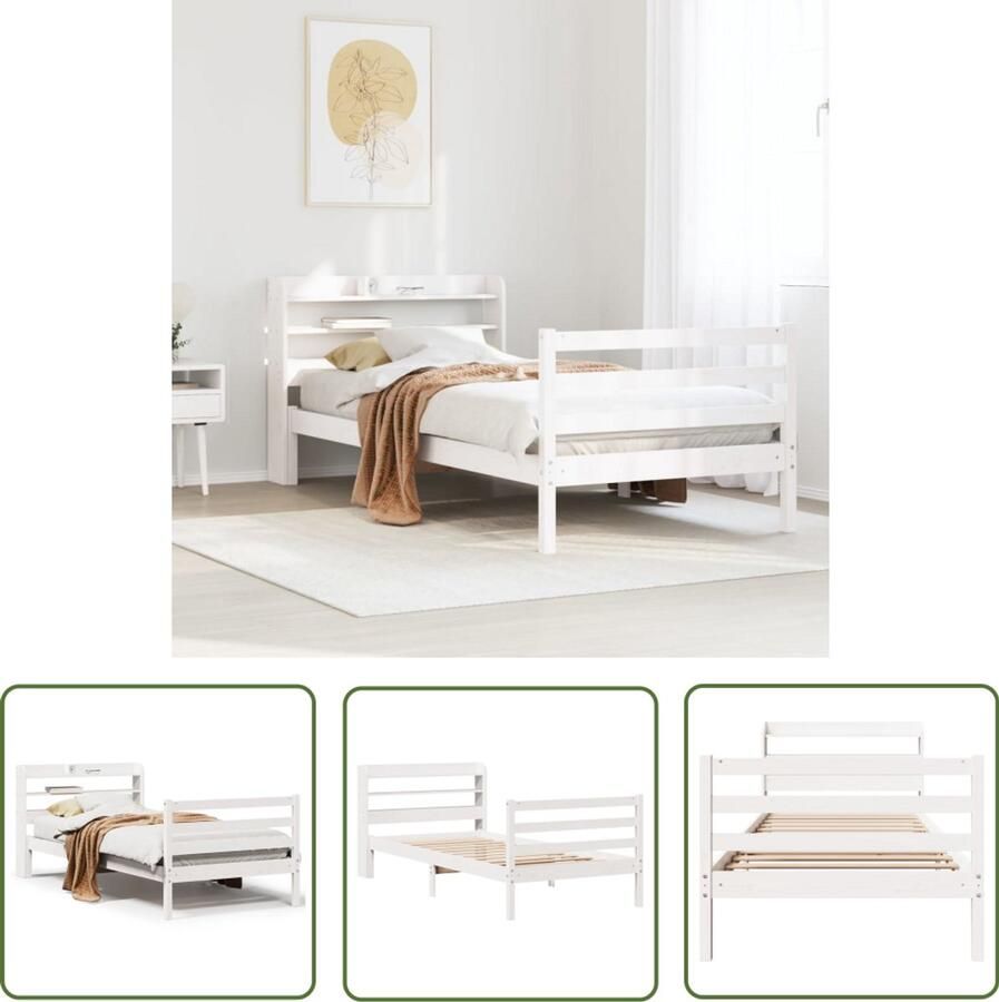 The Living Store Bedframe met hoofdeinde zonder matras 100x200 cm wit Massieve Houten Bed Grenen Bed Frame Tweepersoons Bed Met Opbergvakken Wit Bed