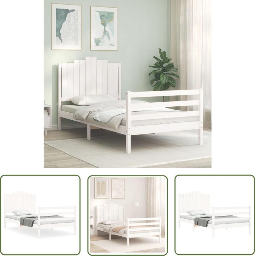 The Living Store Bedframe Massief grenenhout Wit 205.5 x 105.5 x 110 cm 100 x 200 cm matras Massief Hout Bed Grenenhout Bed Wit Bed Tweepersoonsbed Boxspring Bed