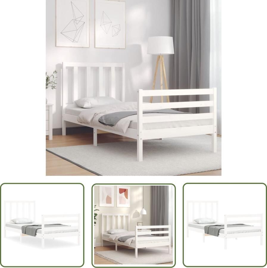 The Living Store Bedframe Massief grenenhout 195.5 x 80.5 x 100 cm wit Multiplex lattenbodem Massief Hout Bed Frame Grenenhout Bed Tweepersoons Bed Witte Bed Met Hoofdbord