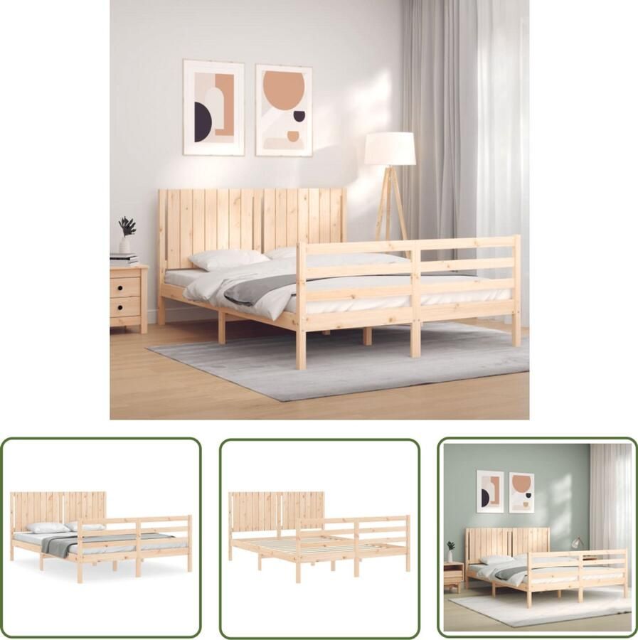 VidaXL Grenenhout Bed Massief Houten Bed Bedframe met hoofdbord massief hout 160x200 cm Bed Frame 160x200 Tweepersoons Bed Hoofdbord Bed