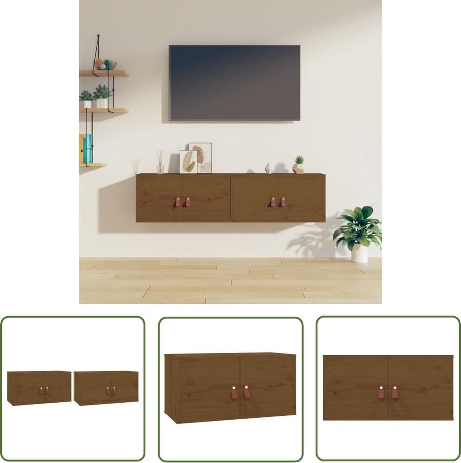 The Living Store Wandkasten 2 st 60x30x30 cm massief grenenhout honingbruin Houten Wandkast Opbergkast Honingbruin Grenenhout