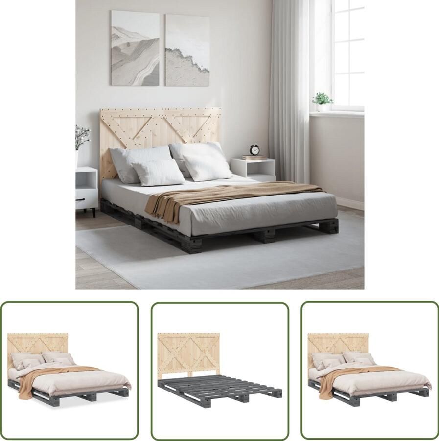 VidaXL Bedframe met hoofdbord massief grenenhout grijs 160x200 cm Bed Frame Grenenhouten Bed Massief Hout Bed 160x200 Grijs Bed