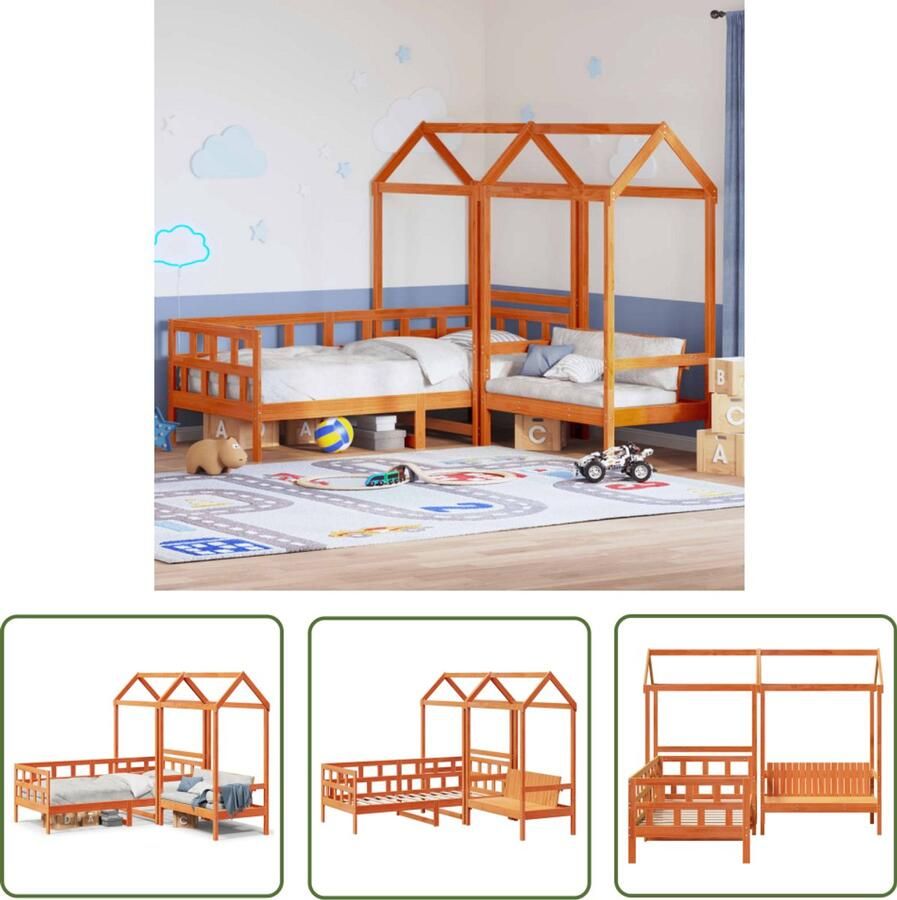 VidaXL Grenenhouten Bed Kinderbed Kinderbedset met huisje massief grenenhout wasbruin 80x200 cm Kids Bed Kinderkamermeubilair Bruine Kinderbed