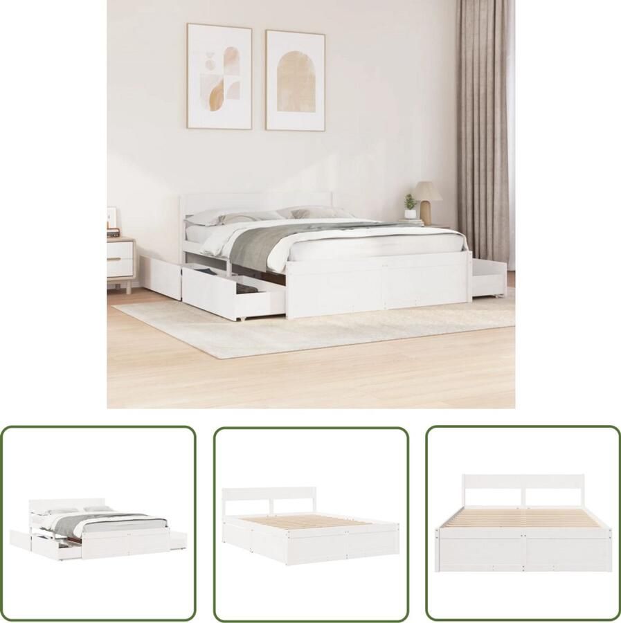 VidaXL Grenenhouten Bed Massief Houten Bed Bedframe zonder matras massief grenenhout wit 150x200 cm Bed Met Lade Wit Bed Tweepersoons Bed
