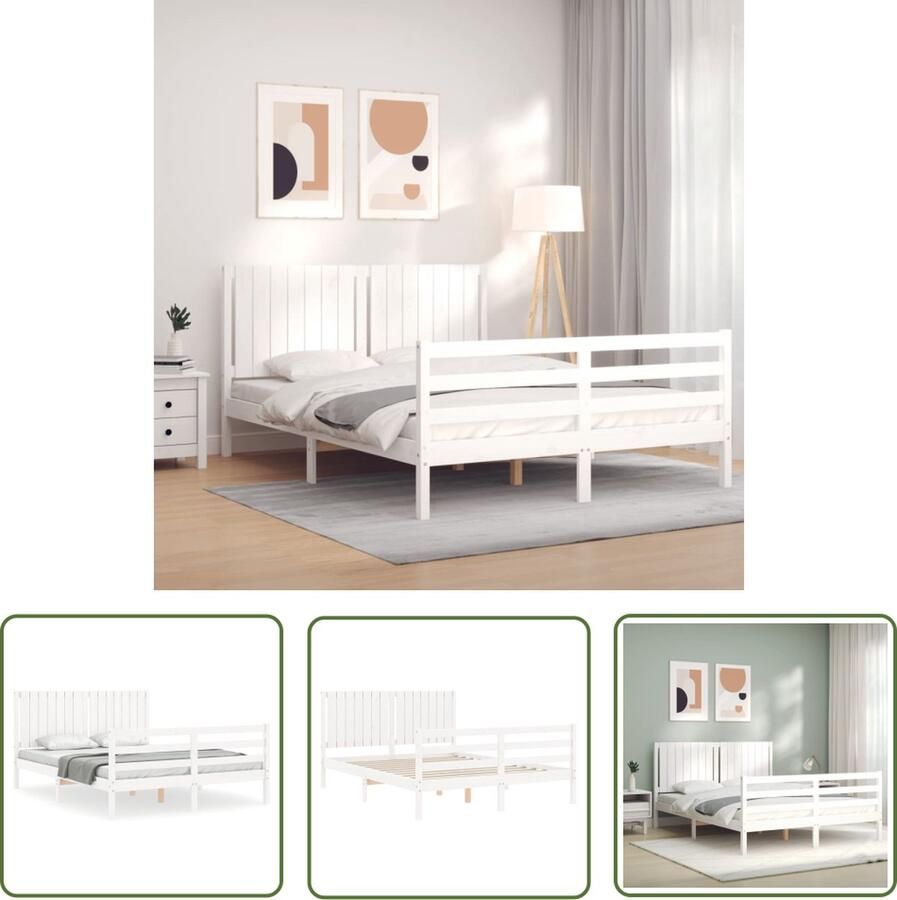 The Living Store Bedframe met hoofdbord massief hout wit 160x200 cm Bedframe Bedframes Bed Tweepersoonsbed Slaapkamermeubel Houten Bedframe Houten Bed Bedbodem Massief Houten Bedframe Ledikant Bedframe Met Hoofdeinde