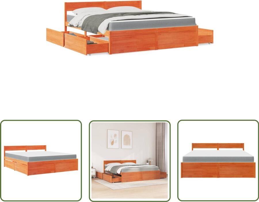 VidaXL Bed met lades en matras massief grenenhout wasbruin 180x200 cm Massief Houten Bed Grenenhouten Bed Bruine Bed Tweepersoonsbed Boxspring Bed