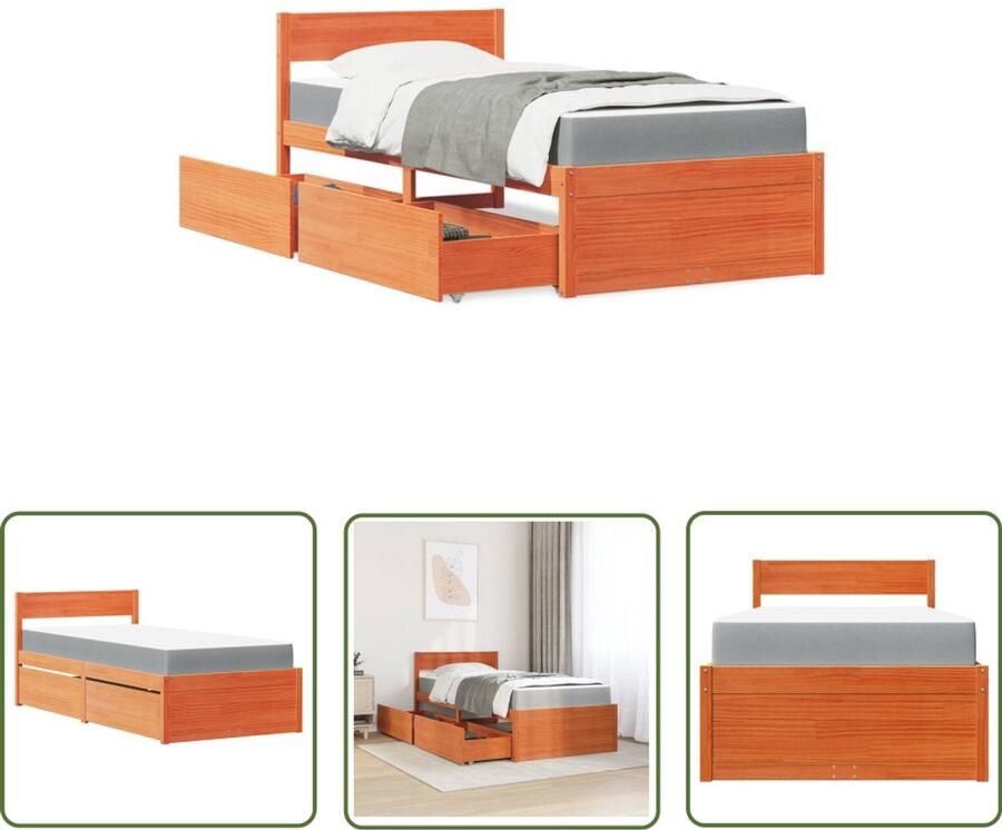VidaXL Bed met lades en matras massief grenenhout wasbruin 90x190 cm Massief Houten Bed Grenenhouten Bed Bruine Bed Tweepersoonsbed Boxspring Bed