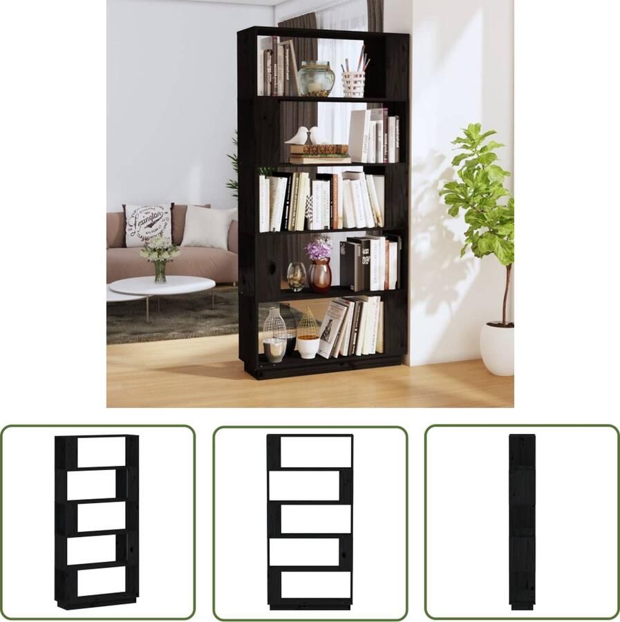 The Living Store Boekenkast kamerscherm 80x25x163 5 cm massief grenenhout zwart Boekenkast Grenenhouten Boekenkast Zwarte Boekenkast Kamerscherm Tv Kast - Foto 2
