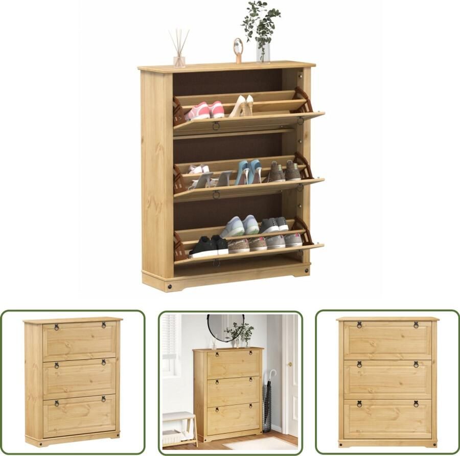 The Living Store Schoenenkast Corona 99x32x124 5 cm massief grenenhout Schoenenkast Grenenhouten Schoenenkast Vintage Schoenenkast Bruine Schoenenkast Opslagmeubilair