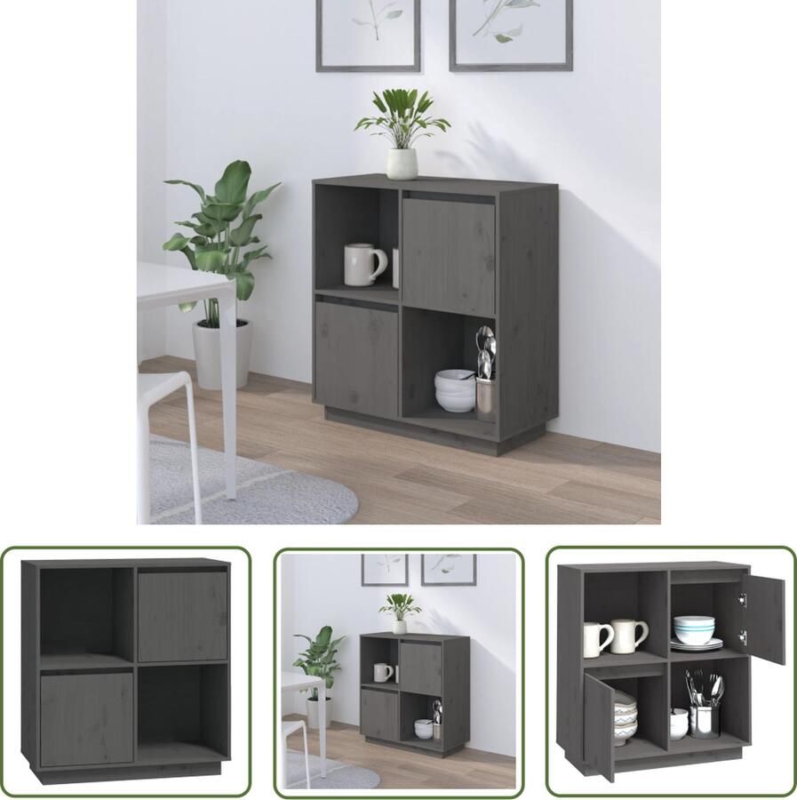 The Living Store Dressoir 74x35x80 cm massief grenenhout grijs Dressoir Grenoble Hout Side Table Tv Stand Salontafel