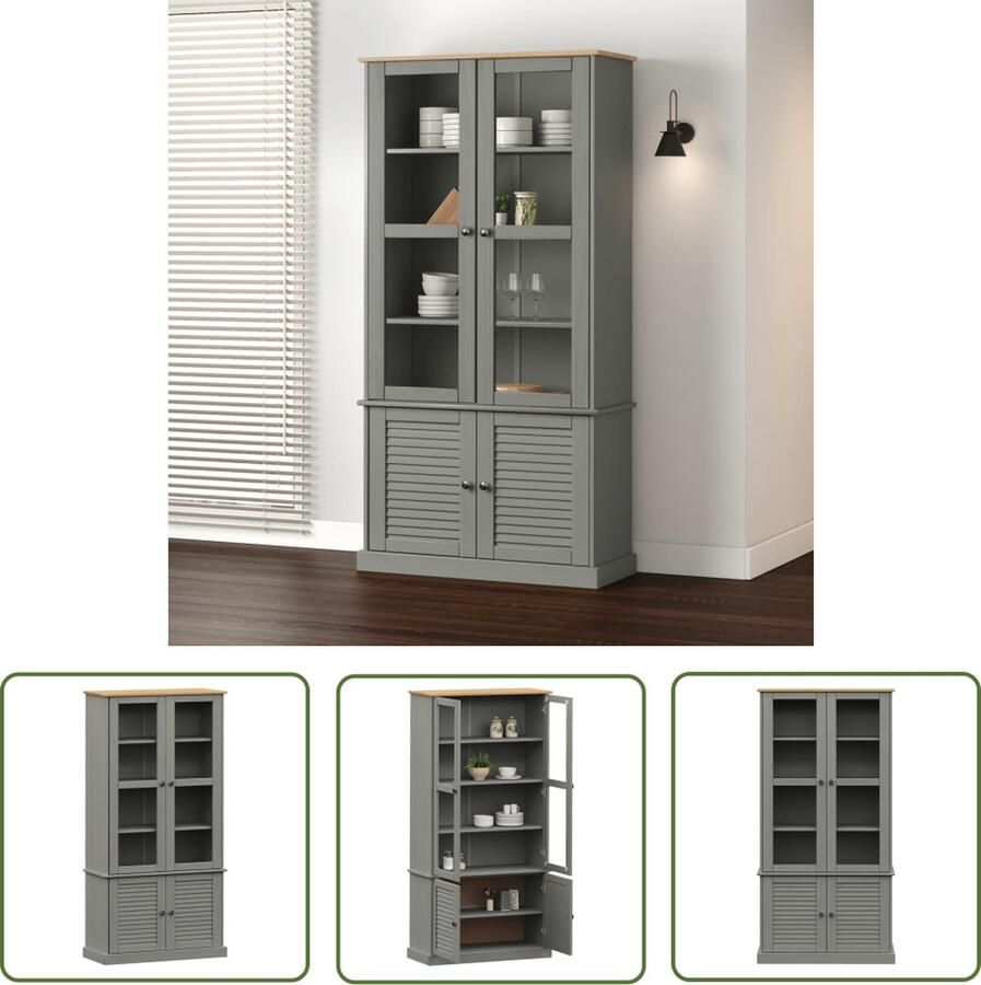 The Living Store VIGO Vitrinekast 85 x 35 x 170 cm Massief grenenhout Grijs Vitrinekast Grenoblehouten Kast Vintage Kast Rustic Design Opbergkast - Foto 2