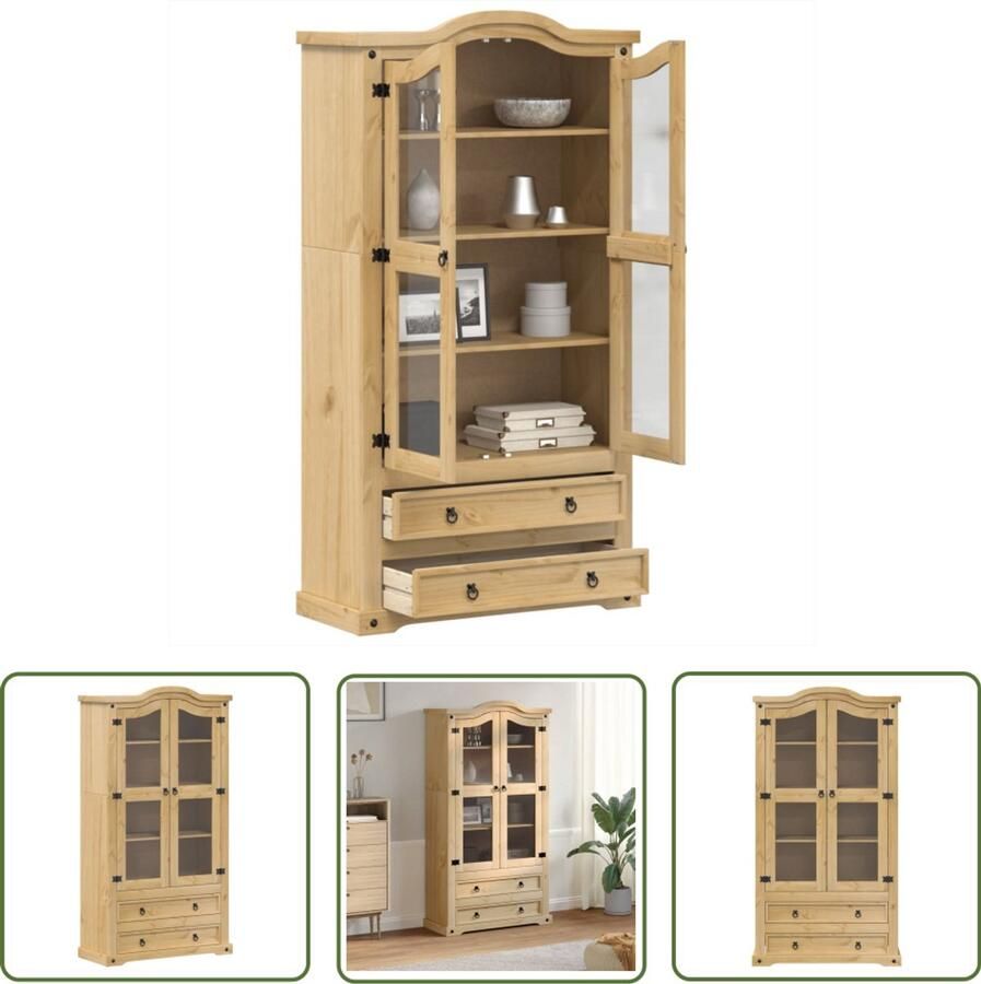 VidaXL Vitrinekast Corona 99x43x187 cm massief grenenhout Vitrinekast Grenoblehouten Meubel Vintage Kast Rustic Design Opslagmeubilair