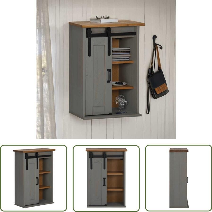 The Living Store Hangkast HALDEN met schuifdeur 49x22 5x70 cm grenenhout grijs Hangkast Grenshouten Kast Schuifdeur Kast Wandkast Opbergkast
