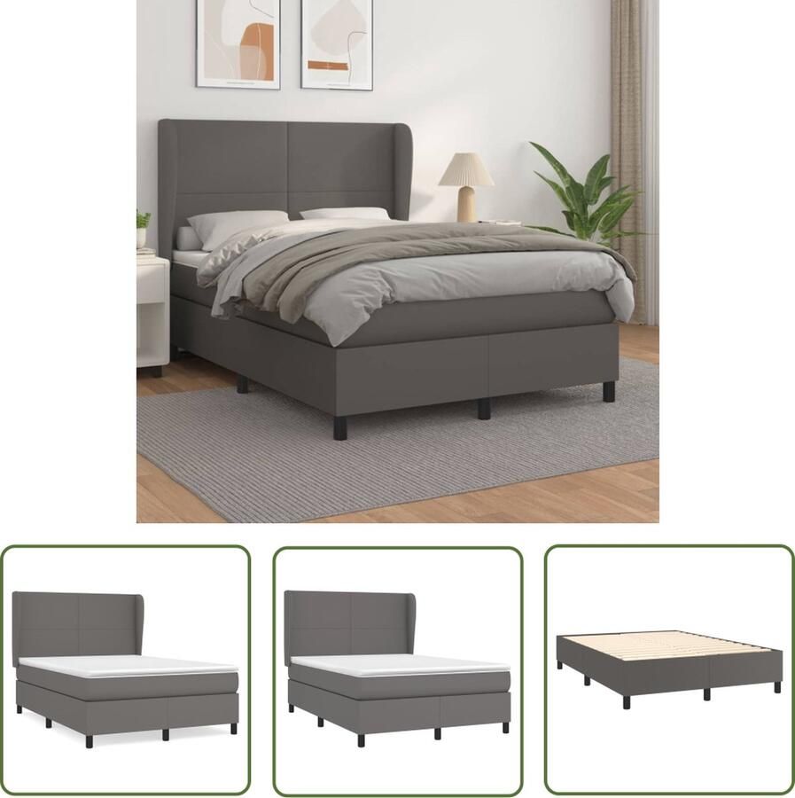 The Living Store Boxspring Bed Grijs Kunstleren Bedframe 140x200 cm Pocketvering Matras Huidvriendelijk Topmatras Boxspring Bed Grijs Bed Kunstleder Bed Tweepersoons Bed Boxspring Frame