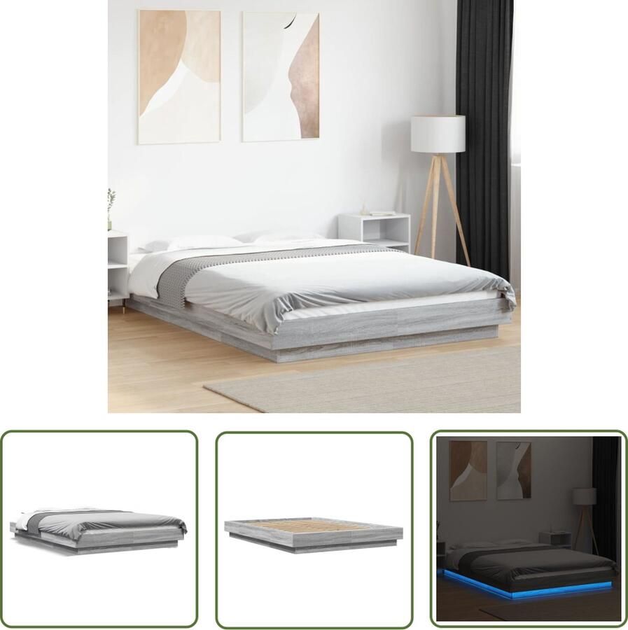 The Living Store RGB LED Bedframe 140x200 cm Grijs Sonoma Eiken USB-aansluiting LED Bed Frame Grijs Bed Frame Houten Bed Frame Bedroom Furniture Led Lighting Bed