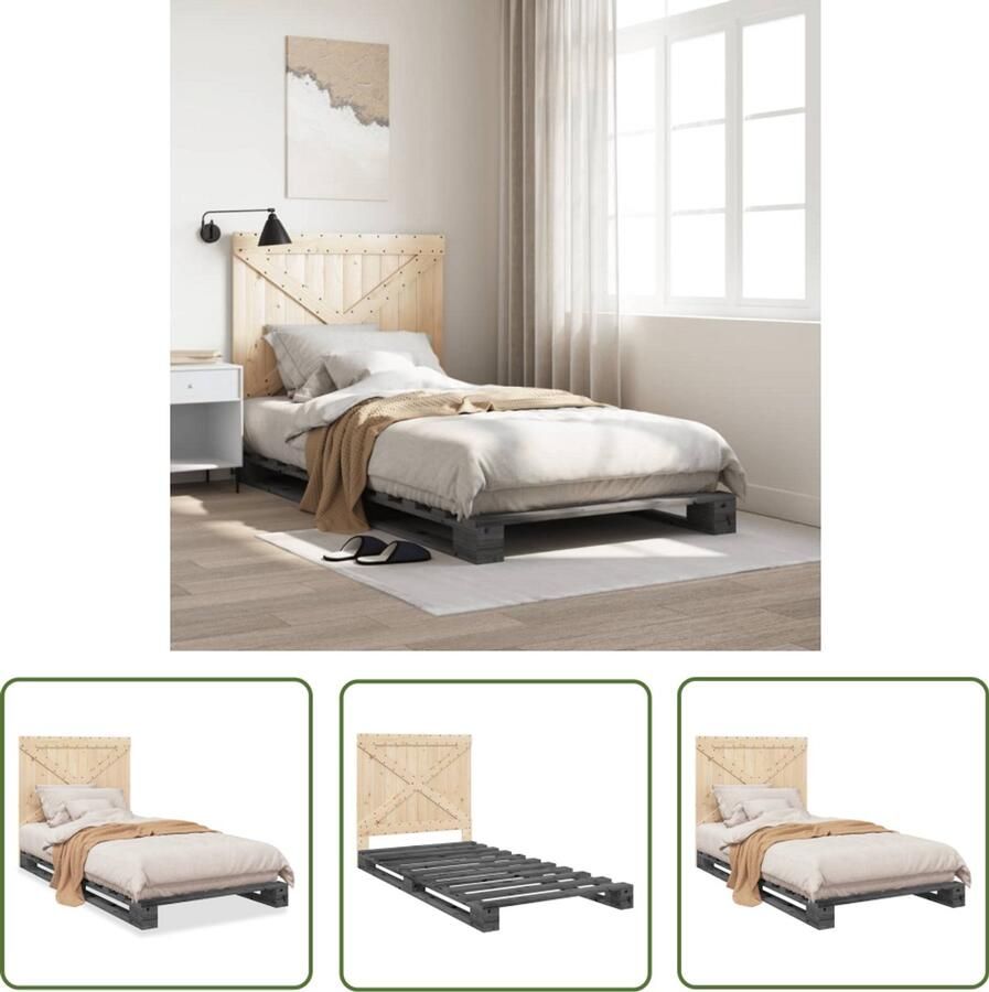 VidaXL Grijs Bed Frame Massief Grenenhout Bed Frame Bedframe met hoofdbord massief grenenhout grijs 100x200 cm Enkel Bed Tweepersoons Bed Frame 100x200