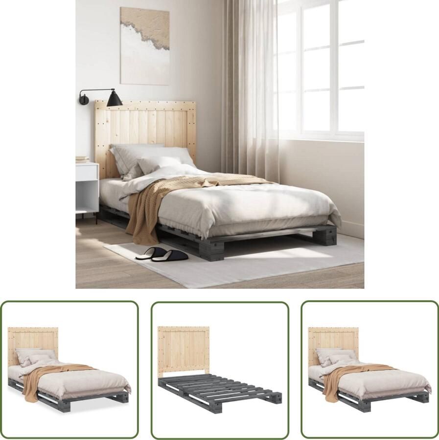 VidaXL Bedframe met hoofdbord massief grenenhout grijs 100x200 cm Massief Grenenhout Bed Frame Grijs Bed Frame King Size Bed Frame Tweepersoons Bed Frame Bed Frame Met Hoofdbord
