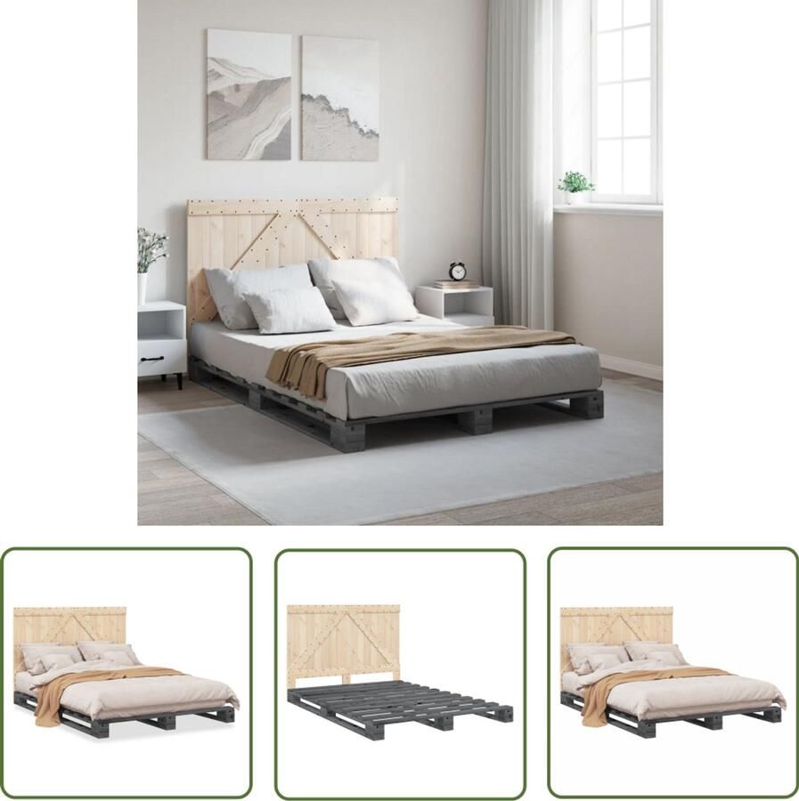VidaXL Grijs Bed Massief Grenenhout Bed Bedframe met hoofdbord massief grenenhout grijs 140x200 cm Bed 140x200 Hoofdbord Bed Tweepersoons Bed