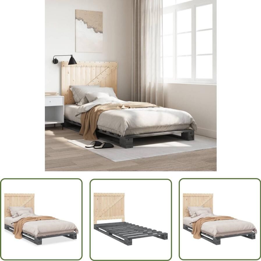 VidaXL Bedframe met hoofdbord massief grenenhout grijs 100x200 cm Massief Grenenhout Bed Grijs Bedframe Bed 100x200 Tweepersoonsbed King Size Bed