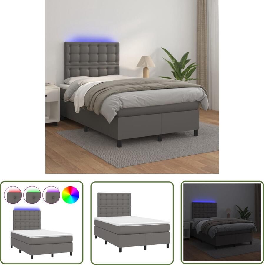 The Living Store Boxspring Bed Grijs Kunstleer 203 x 120 x 118 128 cm Verstelbaar hoofdbord Kleurrijke LED-verlichting Pocketvering matras Huidvriendelijk topmatras Inclusief montagehandleiding en LED-strip - Foto 2