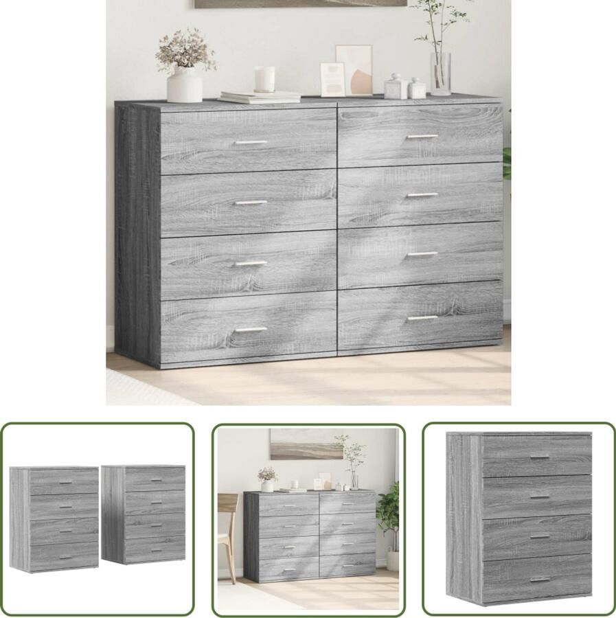 The Living Store Dressoirs 2 st 60x39x80 cm bewerkt hout grijs sonoma Dressoir Opbergkast Houten Dressoir Grijze Dressoir Salontafel