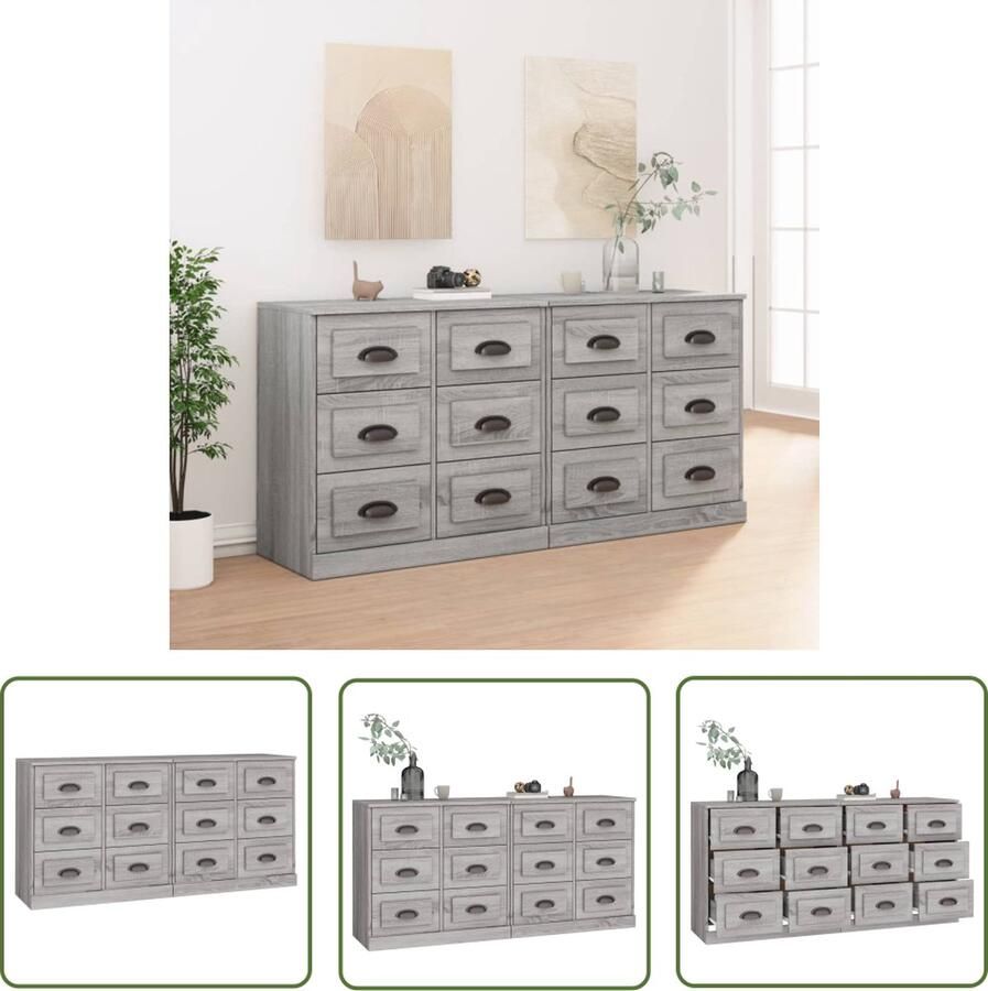 The Living Store Dressoirs 2 st bewerkt hout grijs sonoma eikenkleurig Dressoir Grijze Dressoir Houten Dressoir Salontafel Tv Meubel