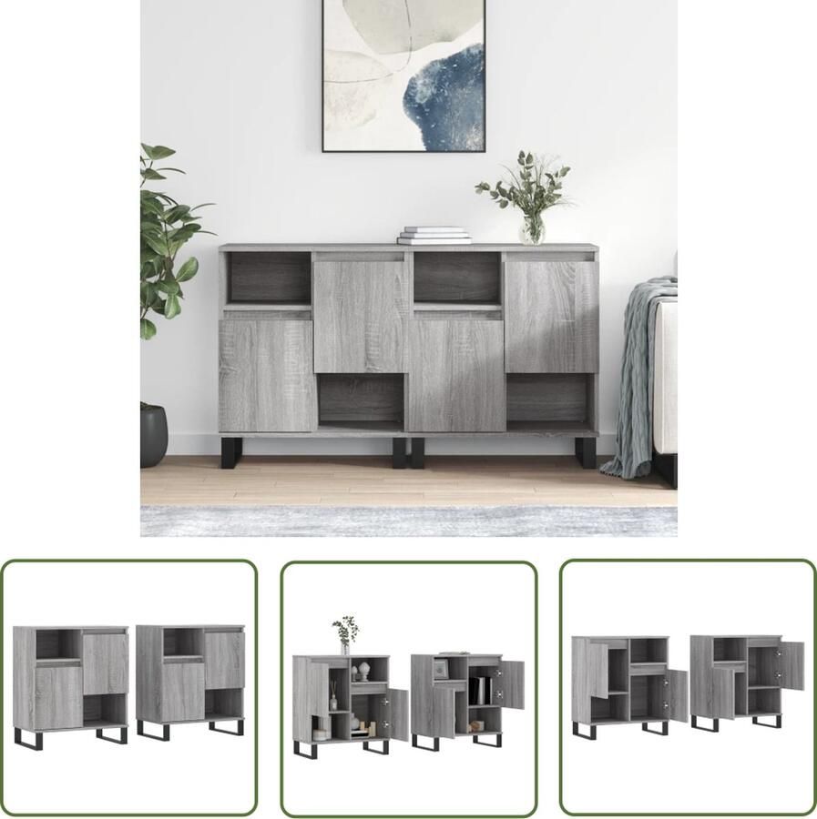 The Living Store Dressoirs 2 st bewerkt hout grijs sonoma eikenkleurig Dressoir Grijze Dressoir Houten Dressoir Vintage Dressoir Salontafel