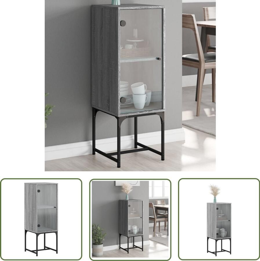 The Living Store Bijzetkast met glazen deur 35x37x100 cm grijs sonoma eikenkleur Dressoir Bijzettafel Houten Kast Vintage Kast Salontafel