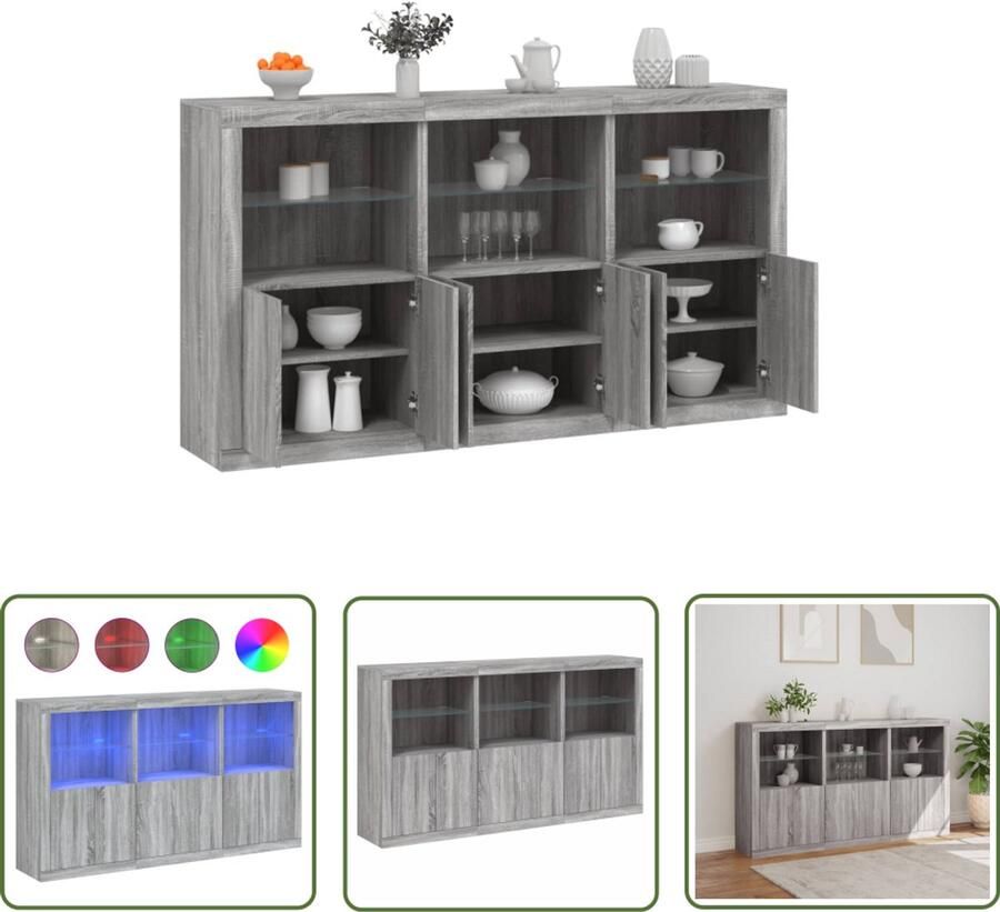 The Living Store Dressoir met LED-verlichting 181 5x37x100 cm grijs sonoma eiken Dressoir Led Verlichting Modern Dressoir Grijze Kast Houten Dressoir