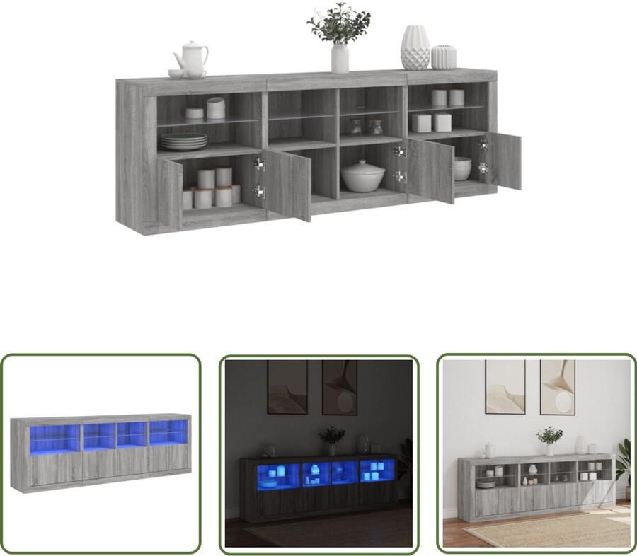 The Living Store Dressoir met LED-verlichting 202x37x67 cm grijs sonoma eiken Dressoir Led Verlichting Moderne Kast Grijze Kast Houten Dressoir