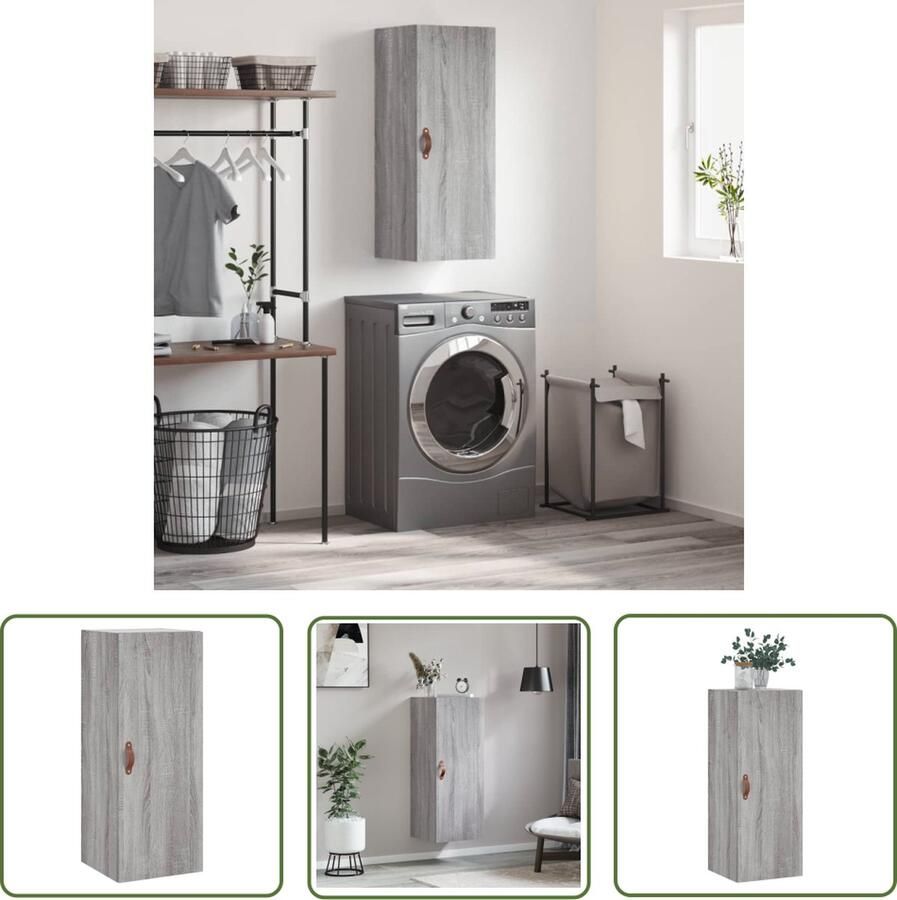 The Living Store Hangkast 34 5x34x90 cm grijs sonoma eikenkleurig Wandkast Grijze Kast Houten Kast Opbergkast Salontafel