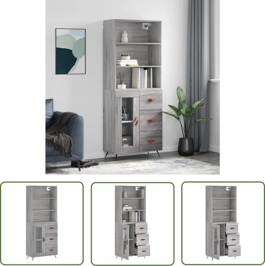 The Living Store Hoge kast 69 5x34x180 cm bewerkt hout grijs sonoma eikenkleurig Hoge Kast Opbergkast Grijze Kast Houten Kast Salontafel