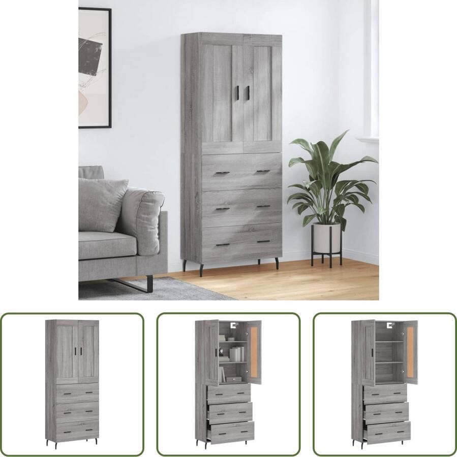 VidaXL Hoge kast 69 5x34x180 cm bewerkt hout grijs sonoma eikenkleurig Hoge Kast Grijze Kast Houten Kast Dressoir Opslagoplossing