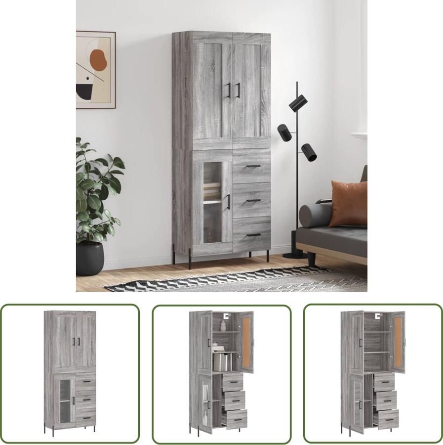 The Living Store Hoge kast 69 5x34x180 cm bewerkt hout grijs sonoma eikenkleurig Hoge Kast Grijze Kast Houten Kast Opslagkast Badkamerkast - Foto 3