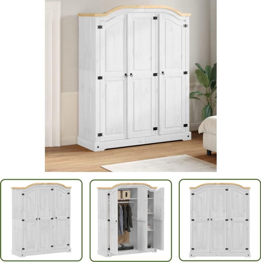 The Living Store Kledingkast Corona wit 151 5x52x186 cm massief grenenhout Kledingkast Groot Grenenhouten Kast Witte Kast Vintage Kast