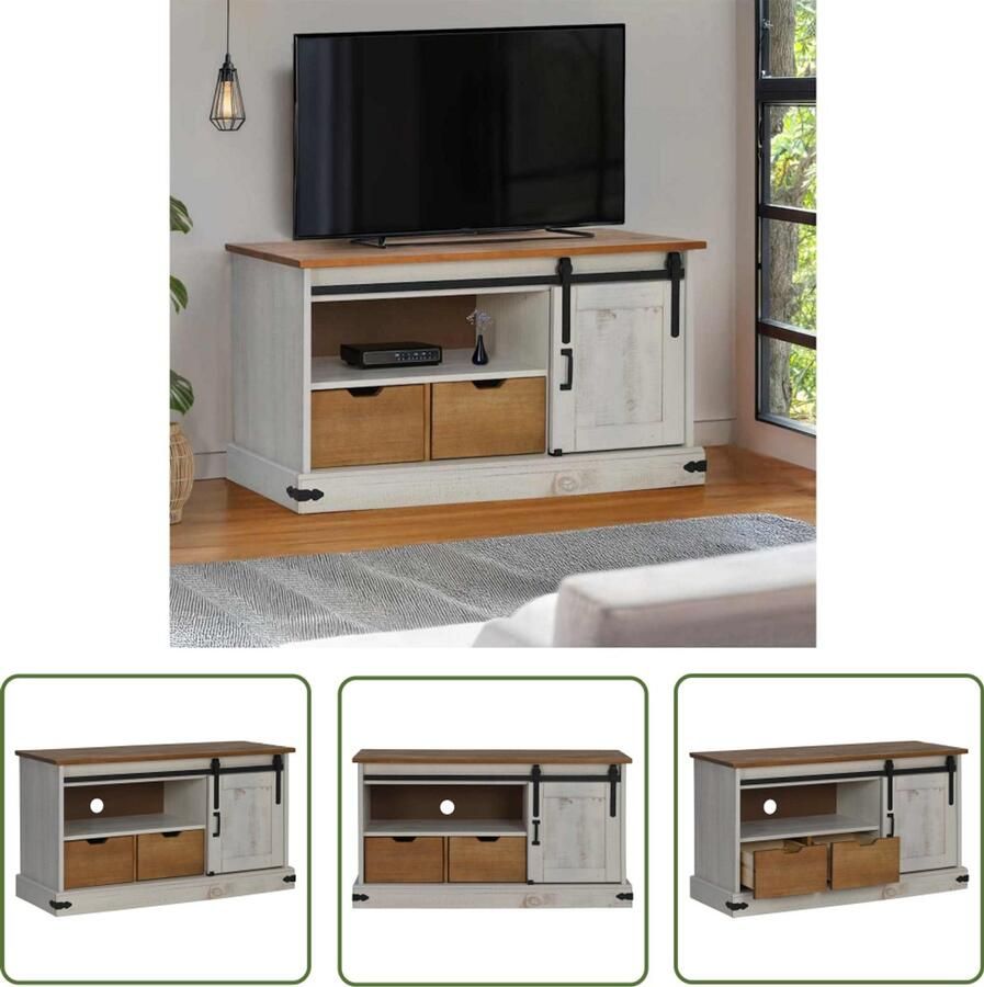 The Living Store Tv-meubel HALDEN met schuifdeur wit 110x40x60 cm massief hout Tv Meubel Halden Serie Houten Tv Stand Grenshouten Tv Kast Witte Tv Kast