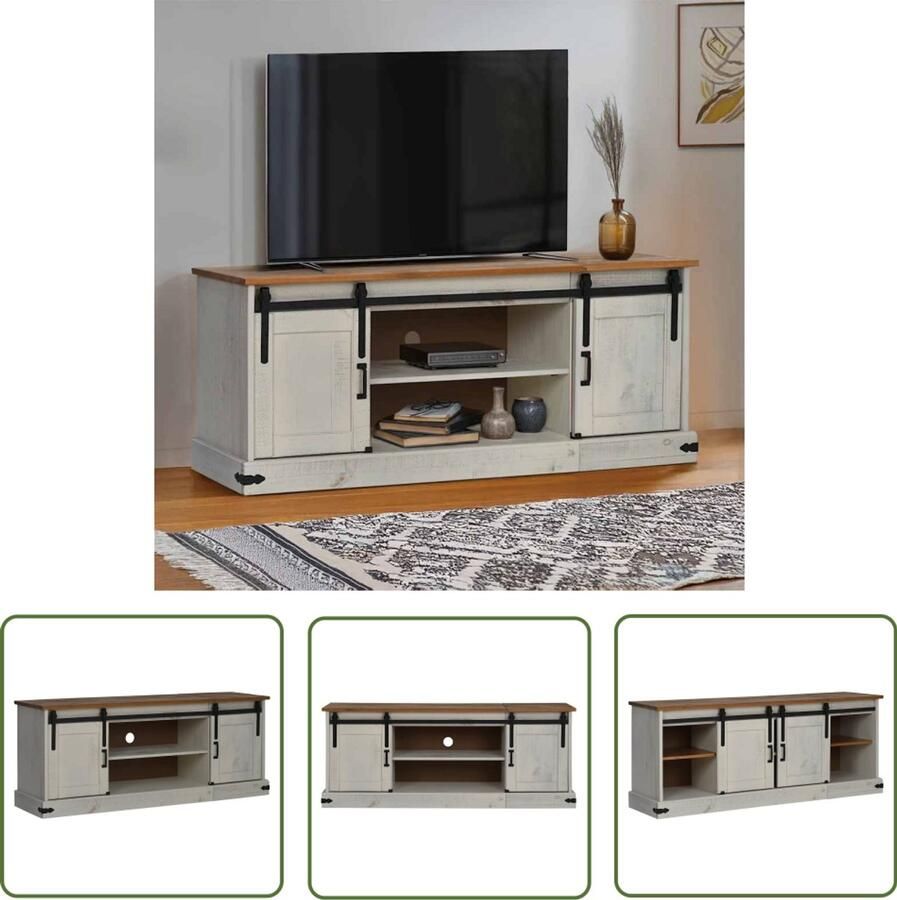 The Living Store Tv-meubel HALDEN 2 schuifdeuren 150x40x60 cm massief hout wit Tv-meubel Halden Grenoble Hout Houten Tv-standaard Salontafel