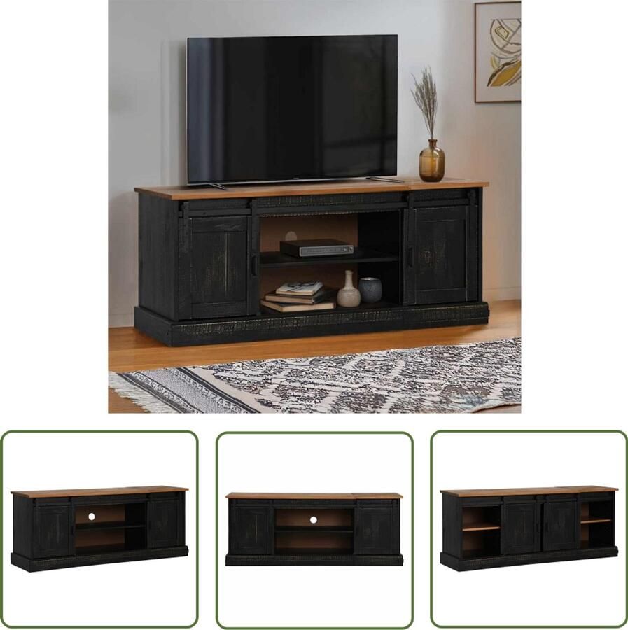 The Living Store Tv-meubel HALDEN 2 schuifdeuren 150x40x60 cm massief hout zwart Tv-meubel Halden Grenoblenhout Tv Stand Salontafel