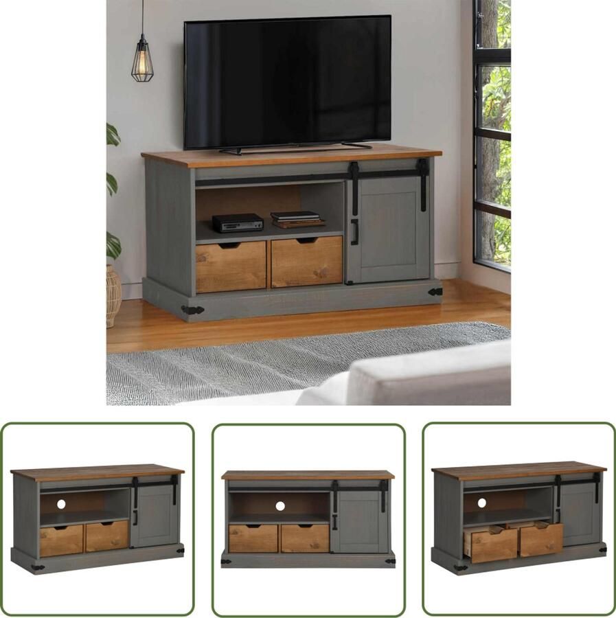 The Living Store Tv-meubel HALDEN met schuifdeur grijs 110x40x60 cm massief hout Tv-meubel Halden Grenshouten Grijze Tv-standaard Salontafel