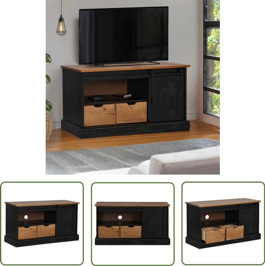 The Living Store Tv-meubel HALDEN met schuifdeur zwart 110x40x60 cm massief hout Tv Meubel Halden Tv Kast Grenoble Hout Zwarte Tv Stand
