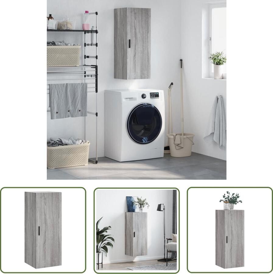 The Living Store Hangkast 34 5x34x90 cm grijs sonoma eikenkleurig Wandkast Houten Kast Grijze Kast Opbergkast Salontafel