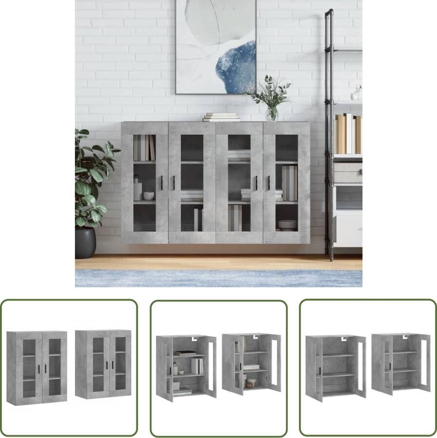 The Living Store Hangkasten 2 st bewerkt hout betongrijs Wandkast Houten Kast Grijze Kast Bergruimte Opbergkast - Foto 3