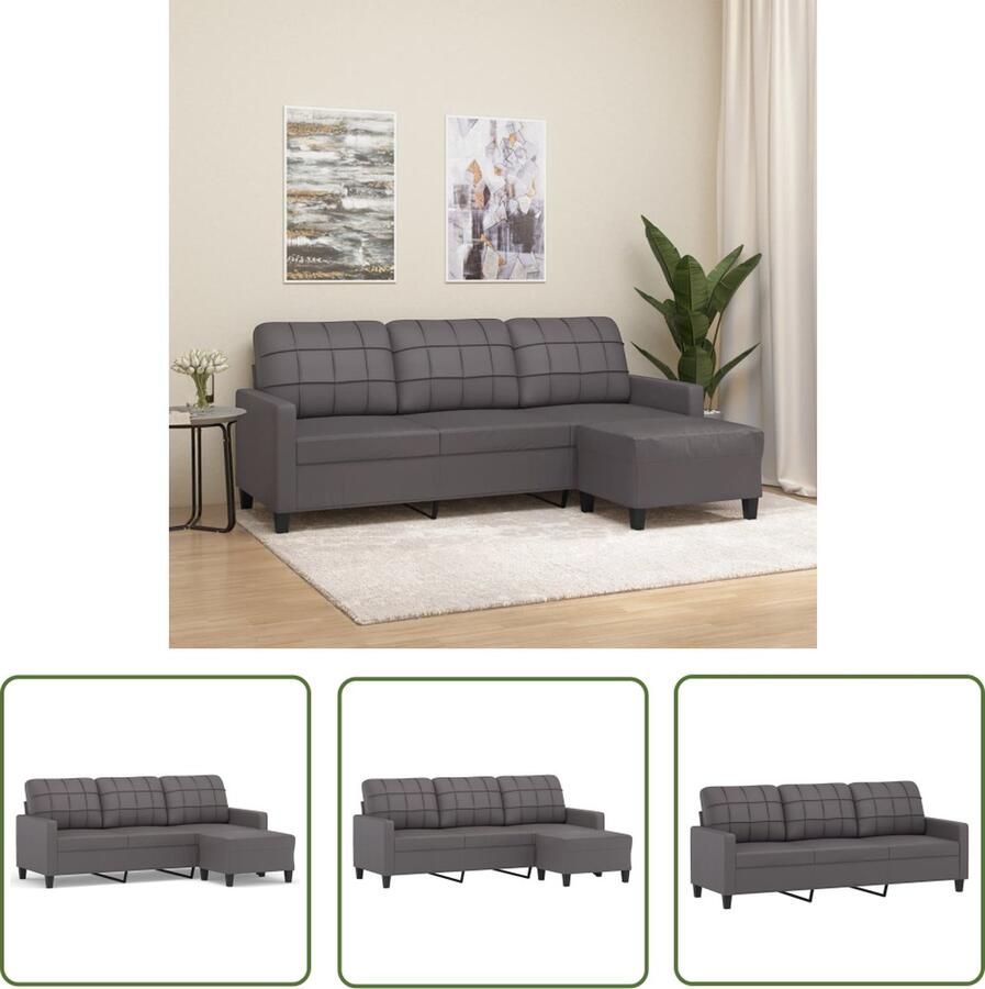 The Living Store Driezitsbank met voetenbank 180 cm kunstleer grijs Drie Persoonsbank Hoekbank Salontafel Lounge Meubilair Lederlook