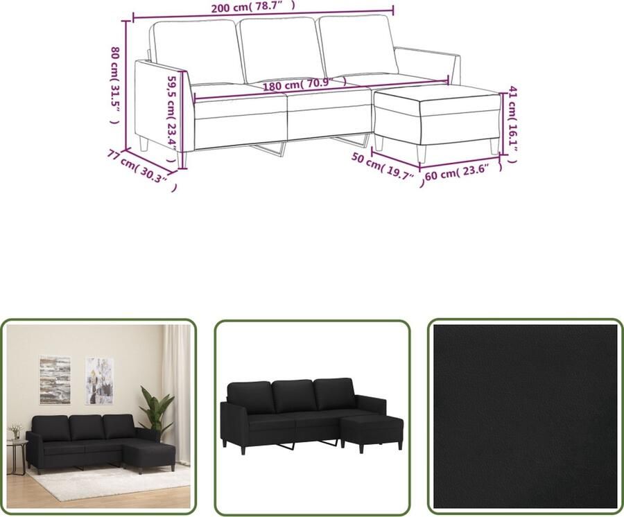 The Living Store Driezitsbank met voetenbank 180 cm kunstleer zwart Drie Persoonsbank Hoekbank Salontafel Lounge Meubilair Lederlook