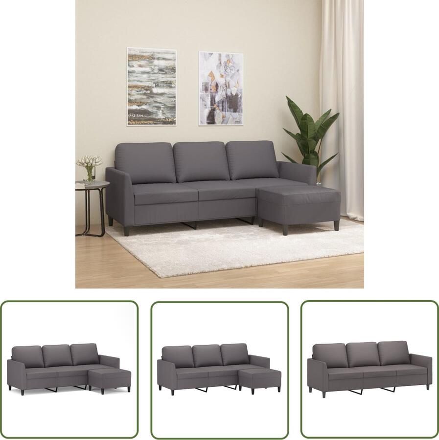 The Living Store Driezitsbank met voetenbank 180 cm kunstleer grijs Drie Zitsbank Hoekbank Salontafel Lounge Set Lederlook Meubels