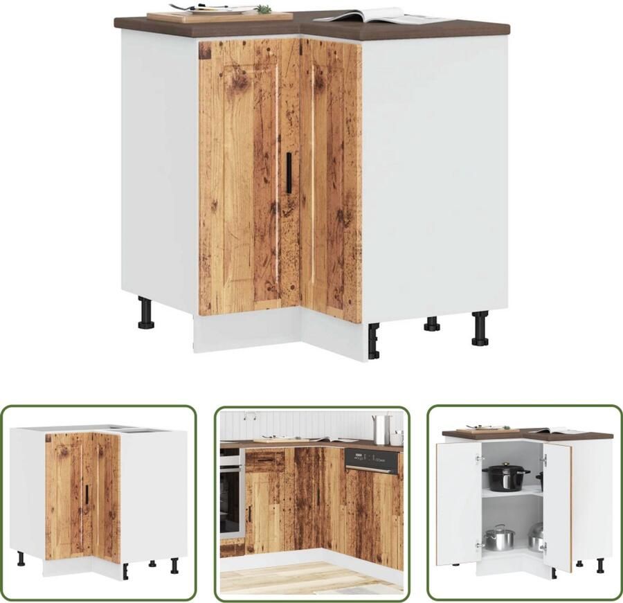 The Living Store Keuken hoekonderkast Porto bewerkt hout oud houtkleurig Keukenhoekonderkast Keukenkasten Opslagoplossing Houten Kast Vintage Stijl